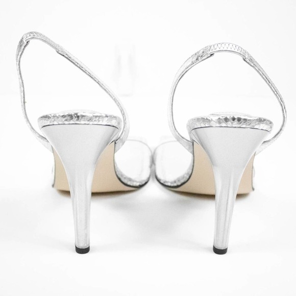 Good American Silver Strappy Open Toe High Heels Square Toe Snake Women Size 10 - Picture 5 of 6